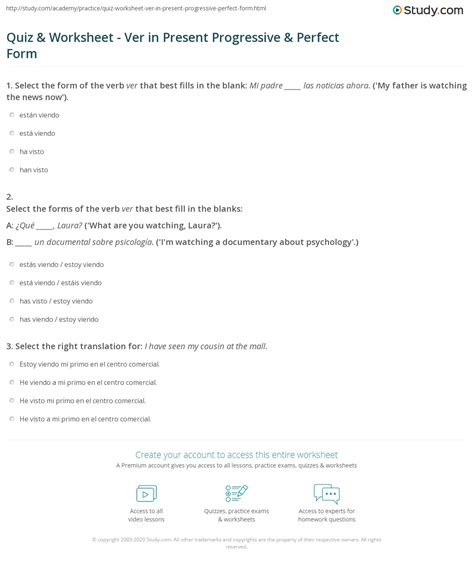 Quiz & Worksheet - Ver in Present Progressive & Perfect Form | Study.com