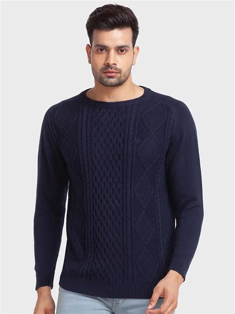 Men Navy Tailored Fit Jacquard Cotton Full Sleeve Round Collar Sweater ...