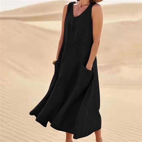 TIANEK Summer Sundresses for Women 2024: V Neck Black Solid Color ...