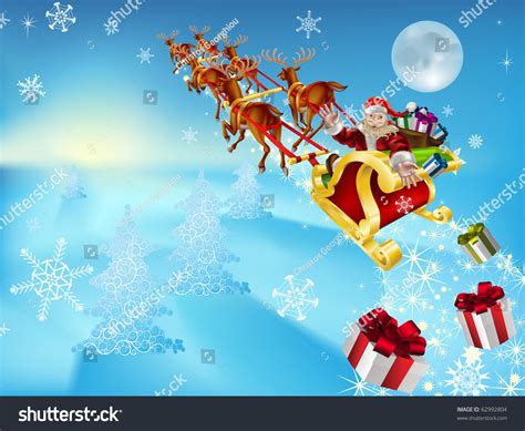 An Illustration Of Santa In His Xmas Sled Or Sleigh, Delivering His ...