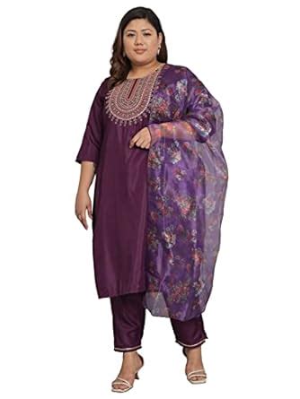 VredeVogel Women's Silk Blend Floral Plus Size Kurta Pant Set with ...