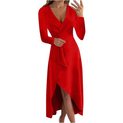 XFLWAM Women's Warp V Neck Long Sleeve Ruffle Split Midi Dress Solid ...
