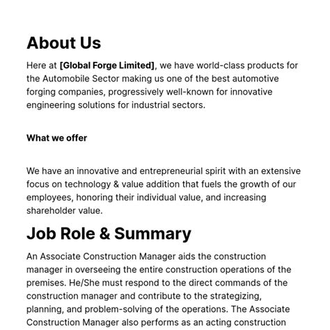 Associate Construction Manager Job Description Template - Edit Online & Download Example ...