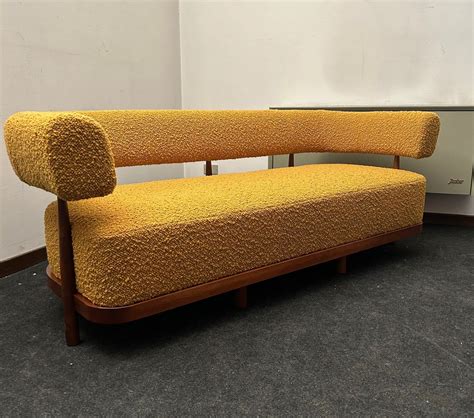 Three-Seater Sofa with Tapered Legs in Mustard-Colored Bouclé Wood ...