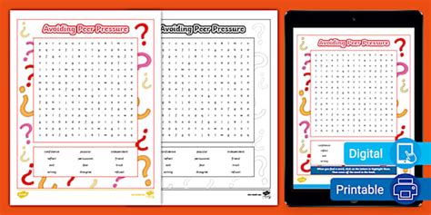 Avoiding Peer Pressure Word Search for 3rd-5th Grade