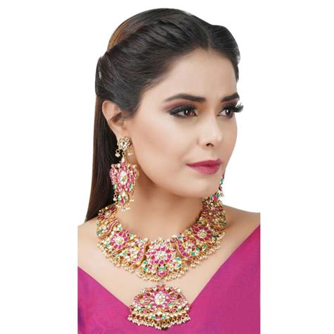Buy Auraa Trends 22Kt Gold Plated Kundan Traditional Pink and Green ...