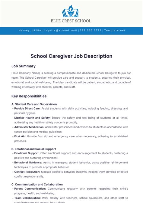 Free School Caregiver Job Description Template to Edit Online
