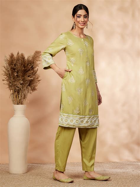 Lime Green Printed Straight Kurta Set – Imara