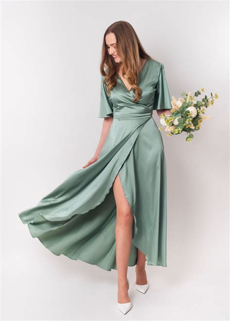 Sage green silk satin long wrap dress silk dress wrap dress bridesmaid ...