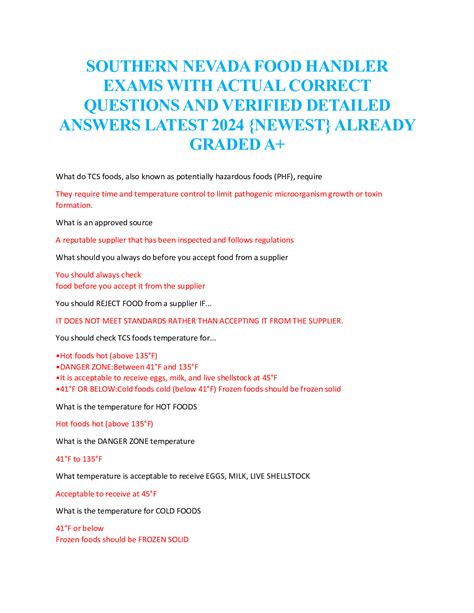 SOUTHERN NEVADA FOOD HANDLERS SAFETY CARD EXAM WITH CORRECT QUESTIONS ...