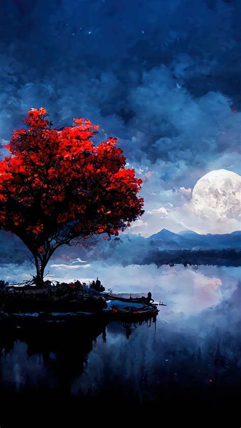 Night Moon Lake Tree Mountain 4K #6831k Wallpaper 4K PC