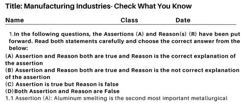 Manufacturing Industries- Check What You Know – Worksheet Warehouse