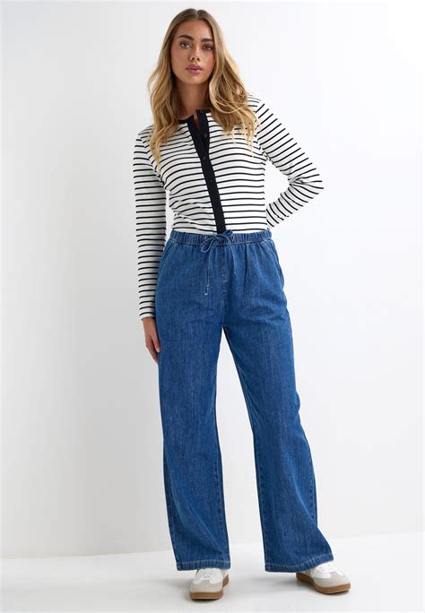 Womens Mid Blue Wide Leg Drawstring Jeans | Peacocks