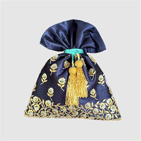 Dupion Silk Gota Patti Meena Broder With Butis Embroidery Potli-Indigo ...