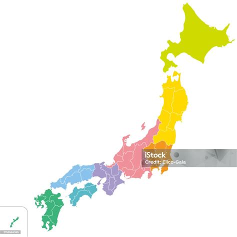 47 Prefectures Of Japan Simple Map Of Japan Omitting Islands Colorcoded By Region Stock ...