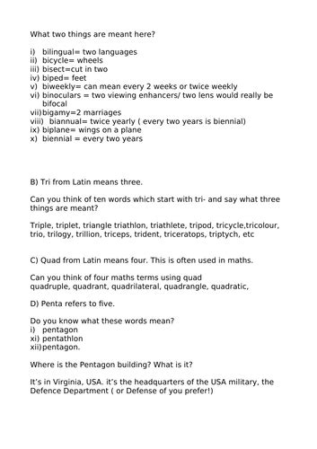 Words starting bi, tri, quad,penta (Latin roots) | Teaching Resources