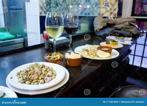 Wine and Tapas in Madrid Served on a Bar Table Stock Image - Image of ...