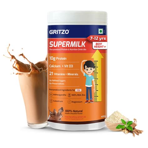 Buy Gritzo SuperMilk Height+ (7-12y Boys), 10g Protein Powder (Double ...