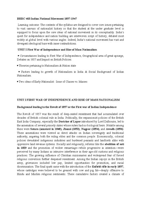 BHRC 403 Final Exam Notes: Indian National Movement 1857 Insights - Studocu