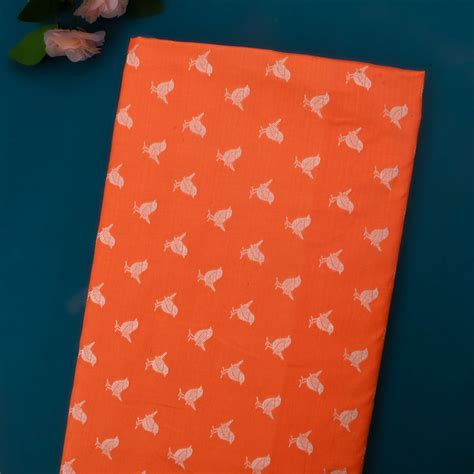 Flame Orange Jamawar Silk Fabric With Parrot Patterns| FabricbySinghanai's