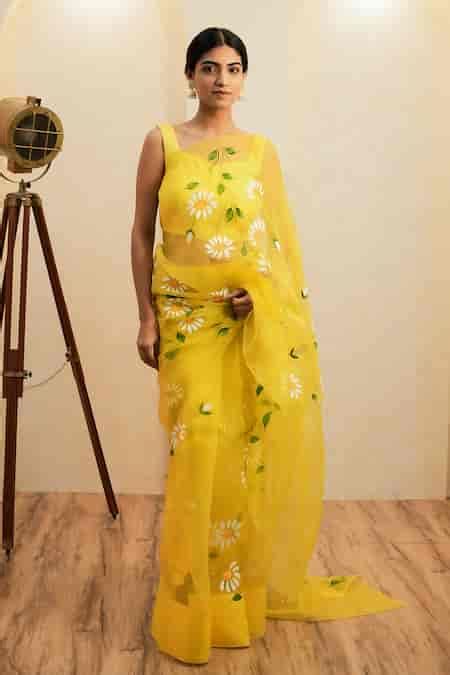 Buy Yellow Organza, Modal Daisy Hand Painted Saree With Unstitched ...