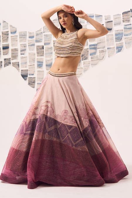 Buy Brown Lehenga Organza Embellished Sequin Round Abstract Print With ...