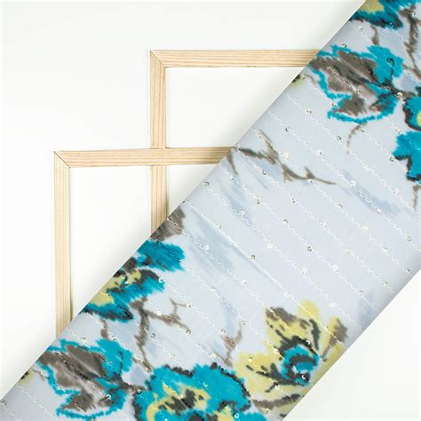 Aegean Blue And Off White Pattern Digital Print Premium Sequins George ...