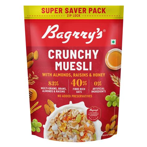 Bagrry's Crunchy Muesli 750gm Pouch| 40% Fibre Rich Oats with Bran | 82 ...