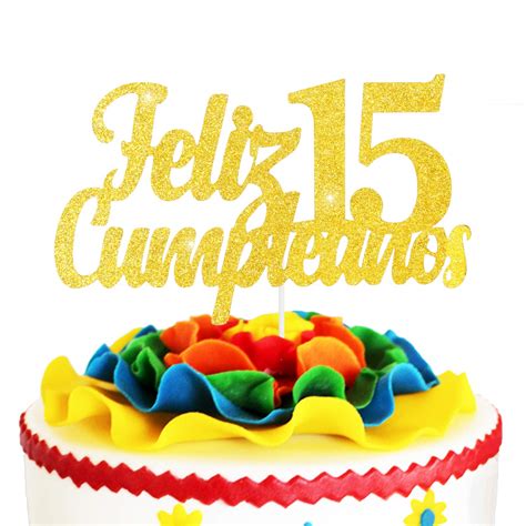 Feliz Cumpleanos 15th Birthday Cake Topper Gold Glitter Spanish Fifteen ...
