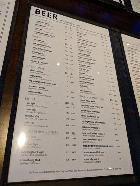 Menu at Yard House pub & bar, Carlsbad, El Camino Real