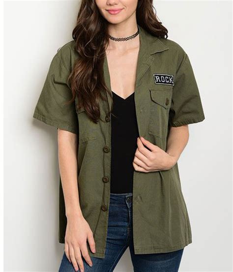 Cotton Women's Rock Army Green Short Sleeve Jacket - Jackets Masters