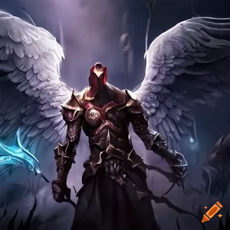 Illustration of a fallen angel fighting demons on Craiyon