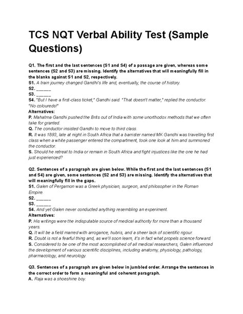 TCS NQT Verbal Ability Sample Questions Set 1 - Studocu