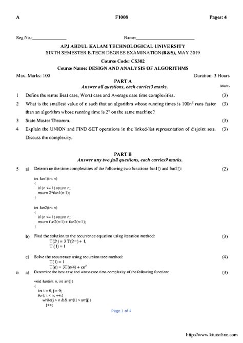 Btech cs 6 sem design and analysis of algorithms f1008 may 2019 - Page ...