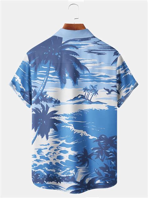 Royaura Beach Vacation Men's Blue Hawaiian Shirts Coconut Tree Stretch ...