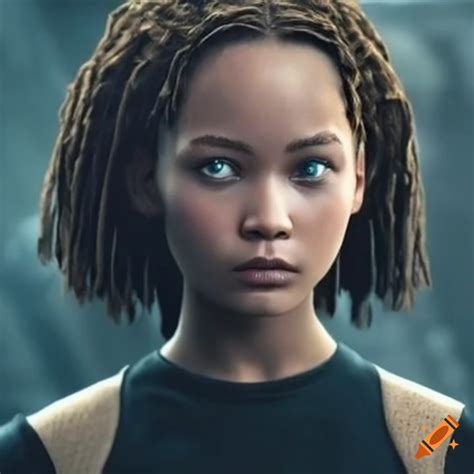 Portrait of a young woman resembling rue from hunger games