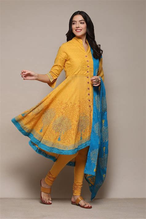 Yellow & Blue Cotton Anarkali Solid Kurta Churidar Suit Set at Biba India