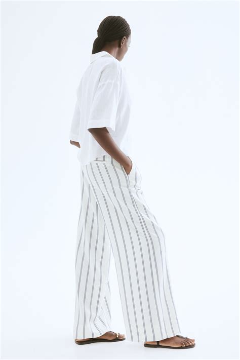 Women's White/blue striped Wide-Leg Linen-Blend Pants | H&M CA