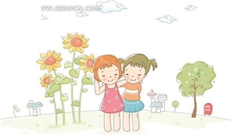 手绘两个友好的小女孩AI素材免费下载_红动中国