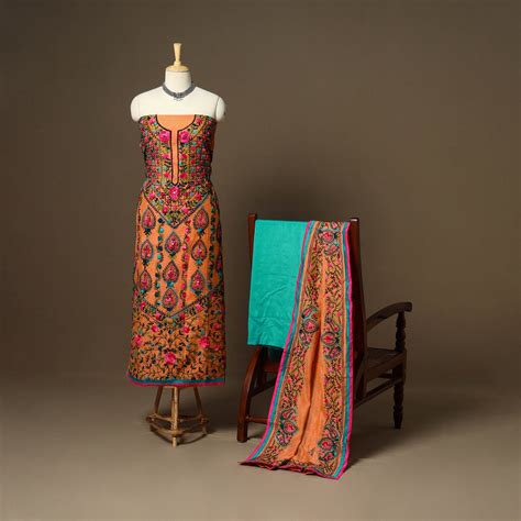 3pc Hand Embroidery Chanderi Silk Unstitched Phulkari Dress Material