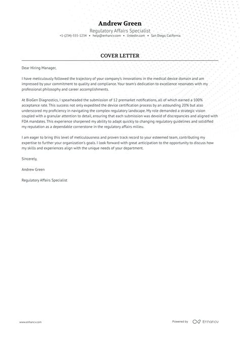 Professional Regulatory Affairs Cover Letter Examples and Template for 2026 | Enhancv
