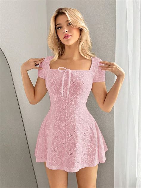 Sweetina Women Square Neck Short Sleeve Mini Y2K Dress, Plain White ...