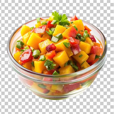 Extreme front view of mango salsa in a small glass on transparent ...