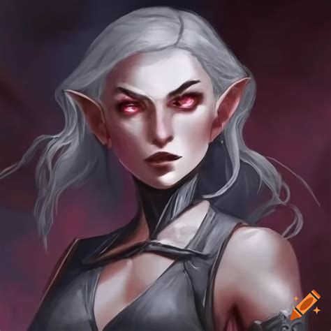 Detailed illustration of an eladrin in a black-grey dress on Craiyon