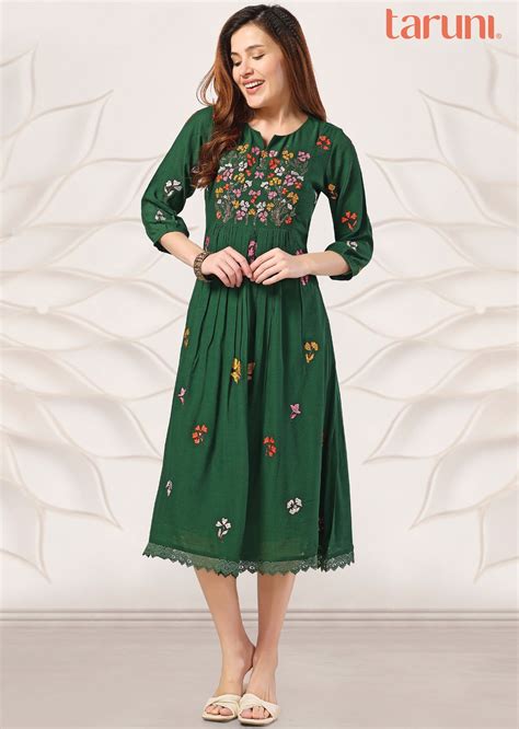 Dark Green Linen Georgette Kurti Frock Style