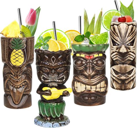 Amazon.com: Tiki Mugs Set of 4– Ceramic Hawaiian Party Mugs Large ...