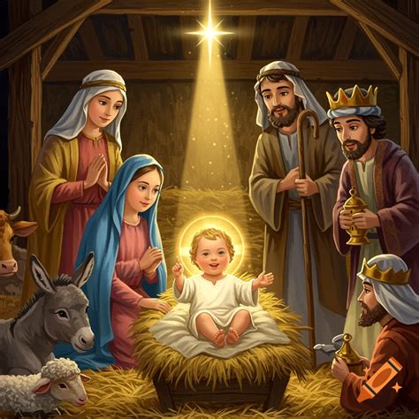 A Nativity scene with figures and animals gathered around baby Jesus in ...