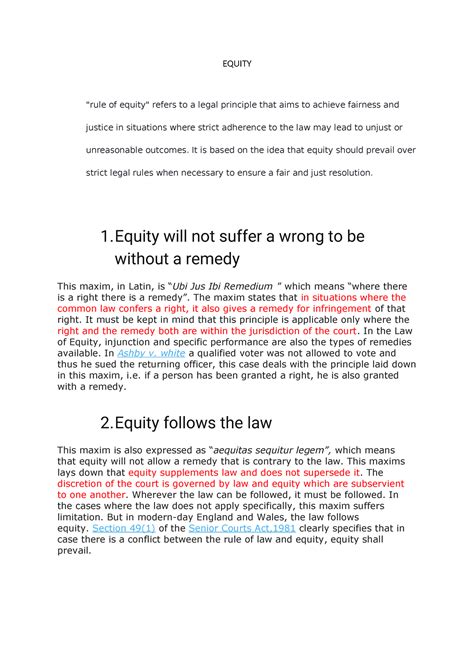 Equity - notes on constiitution - EQUITY "rule of equity" refers to a ...