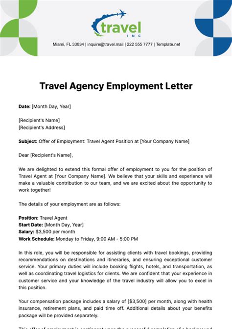 Free Travel Agency Employment Letter Template to Edit Online