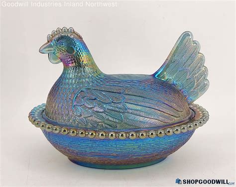 Vintage Blue Iridescent Carnival Glass Nesting Chicken Covered Dish ...